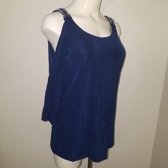 Chico's Travelers Blue Pullover Shirt Cold Shoulder Silver Chain Chico's Size 0 - Picture 6 of 11